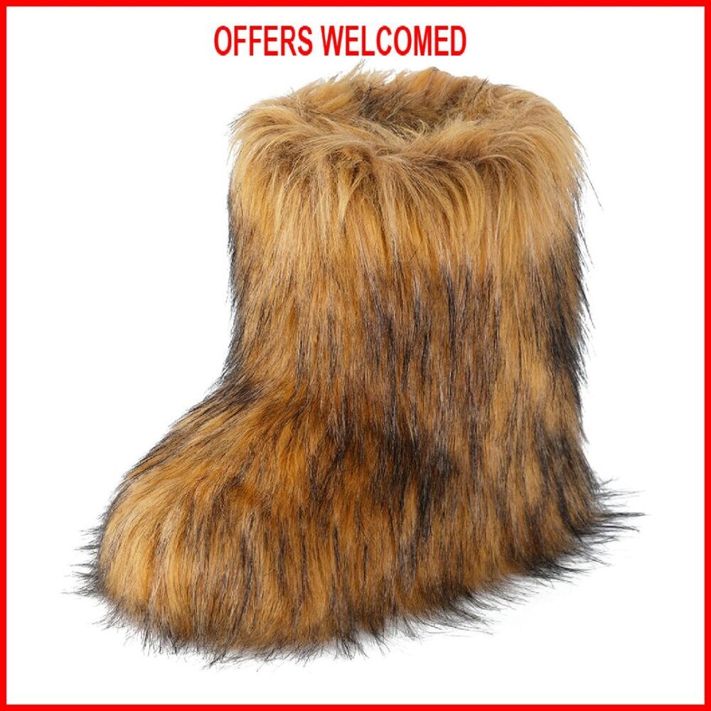 Faux Fur Mid Calf Winter Boots Women's Snow Boots Comfy Flat Heel